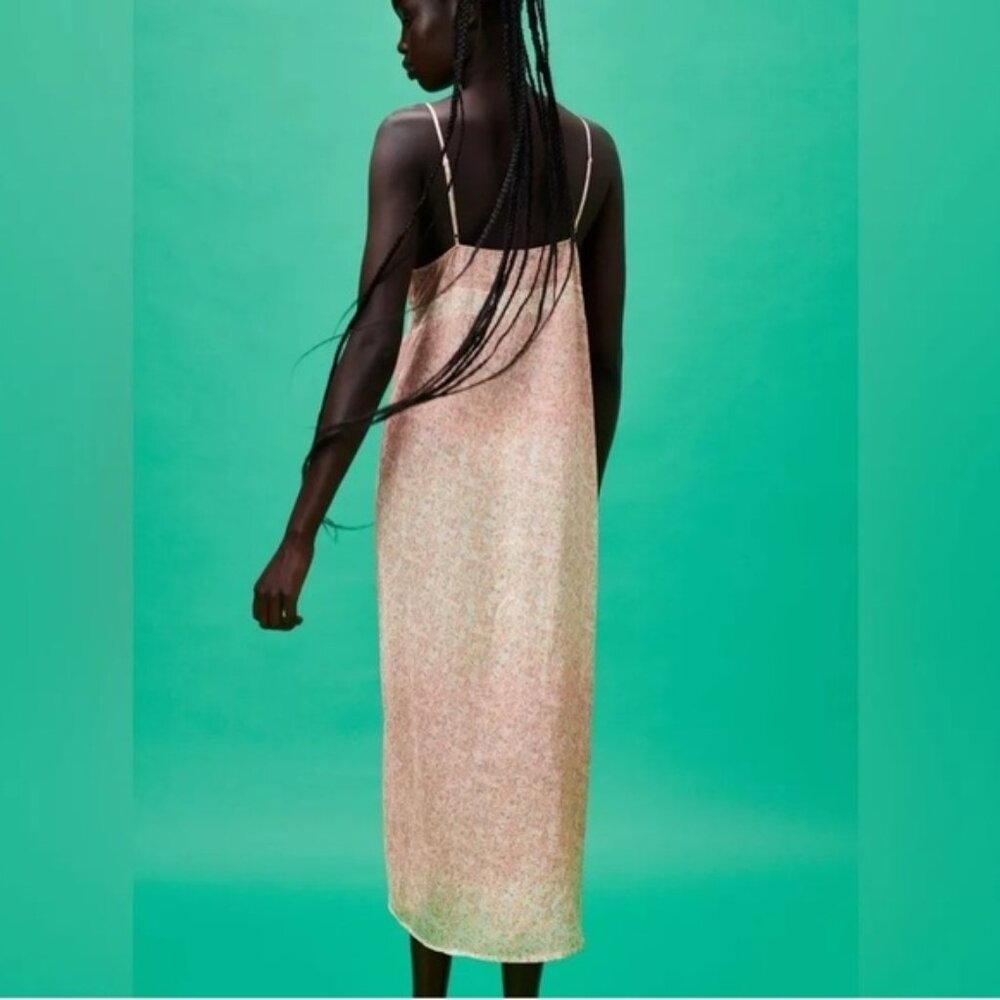 Zara Pink Ombré Floral Button Front Satin Midi Slip Dress Y2K Style Size Small - Picture 10 of 14